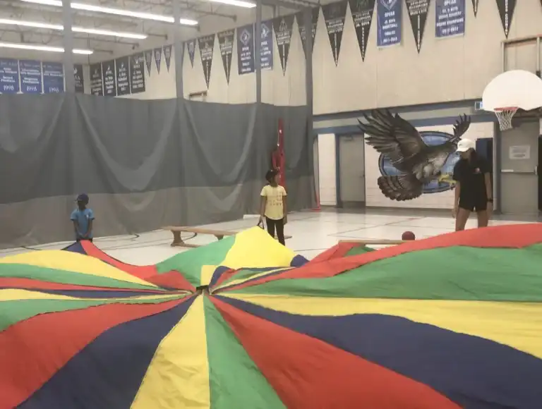 Children enjoying sports and team-building games during Boswin’s Junior Robotics & Sports Camp in Mississauga.